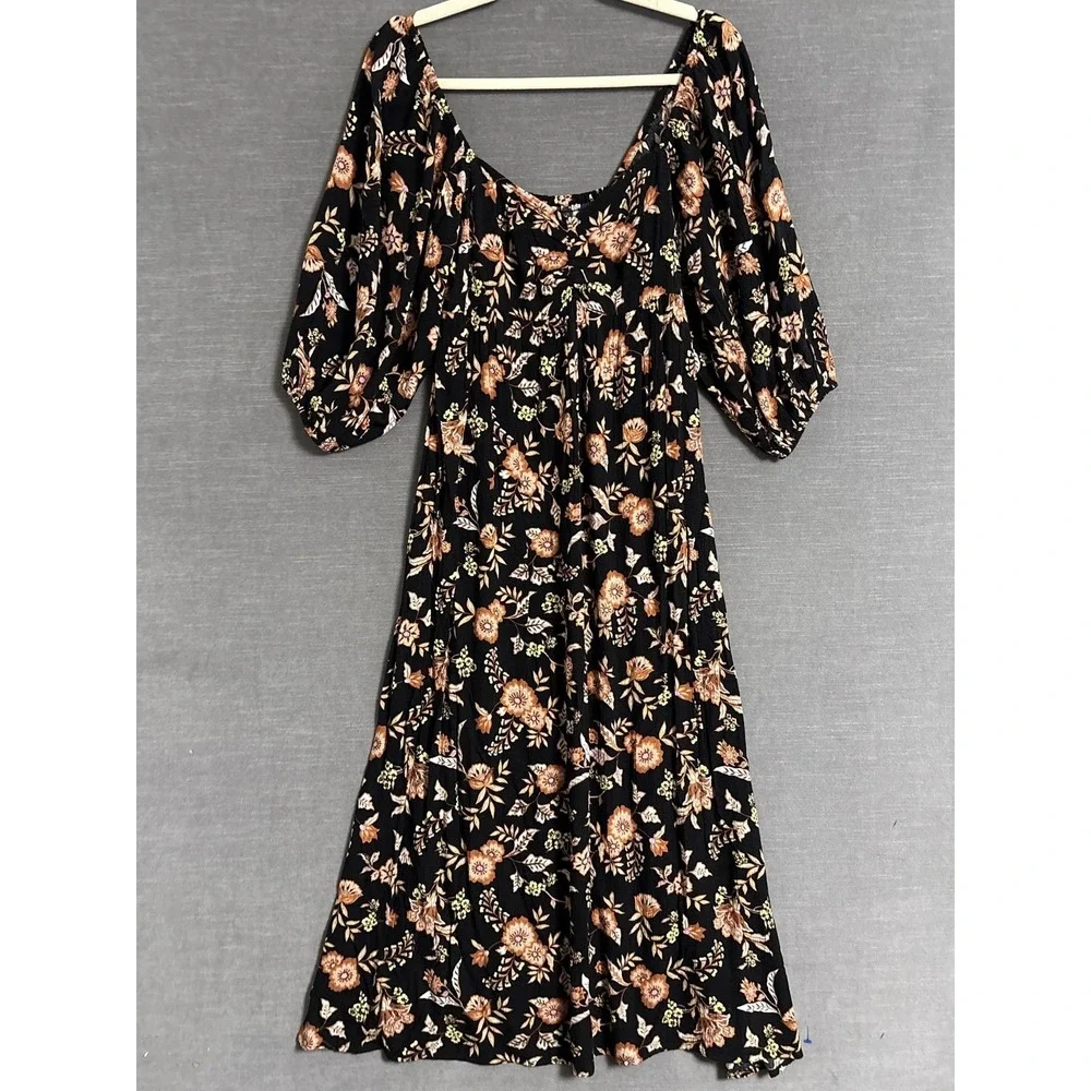 Billabong Dress M Black Floral Smocked Puff Sleeve Midi Gauzy Boho Babydoll - Picture 1 of 10